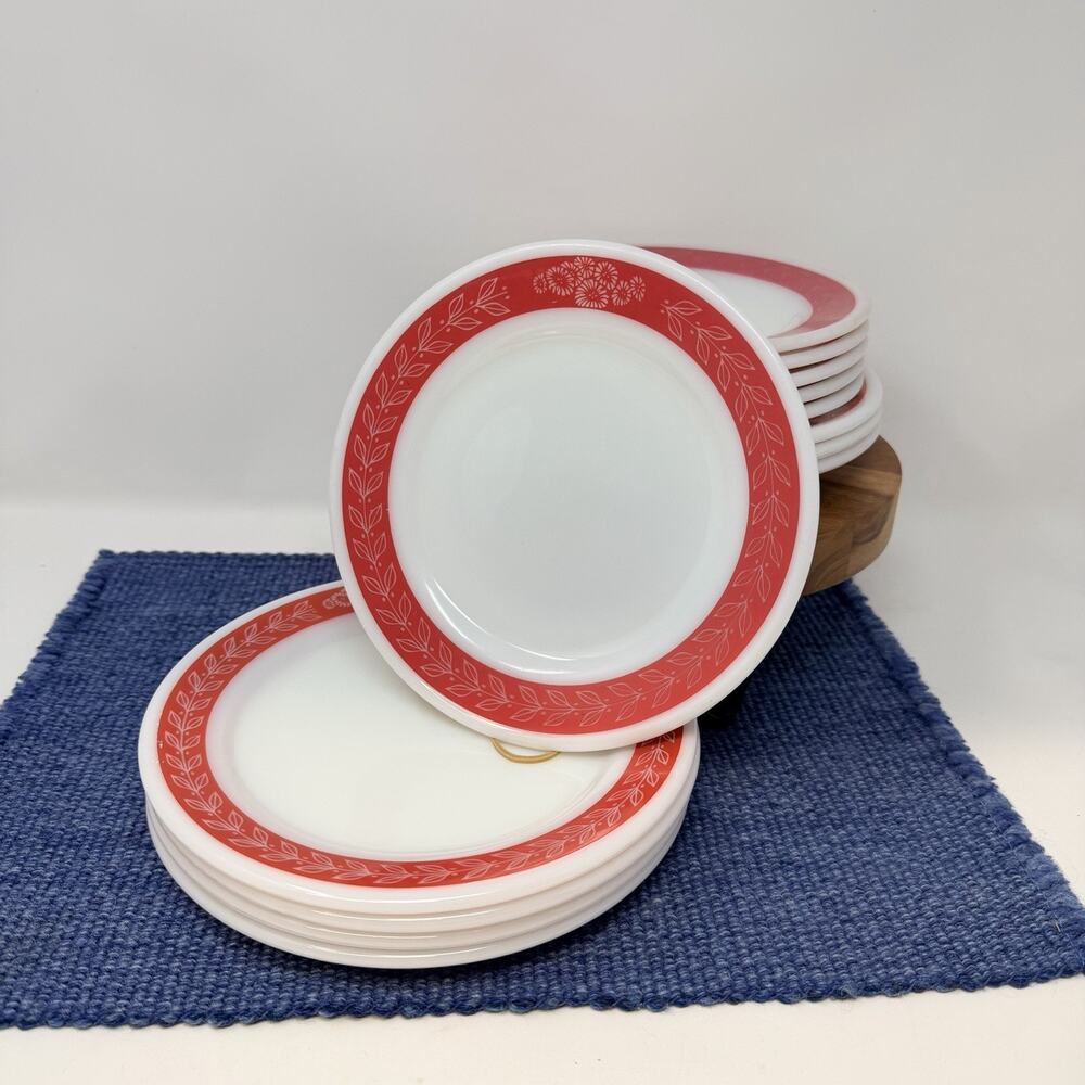 Pyrex Corning Vintage Red Laurel Leaf Plates #711 #719Dinnerware USA SET